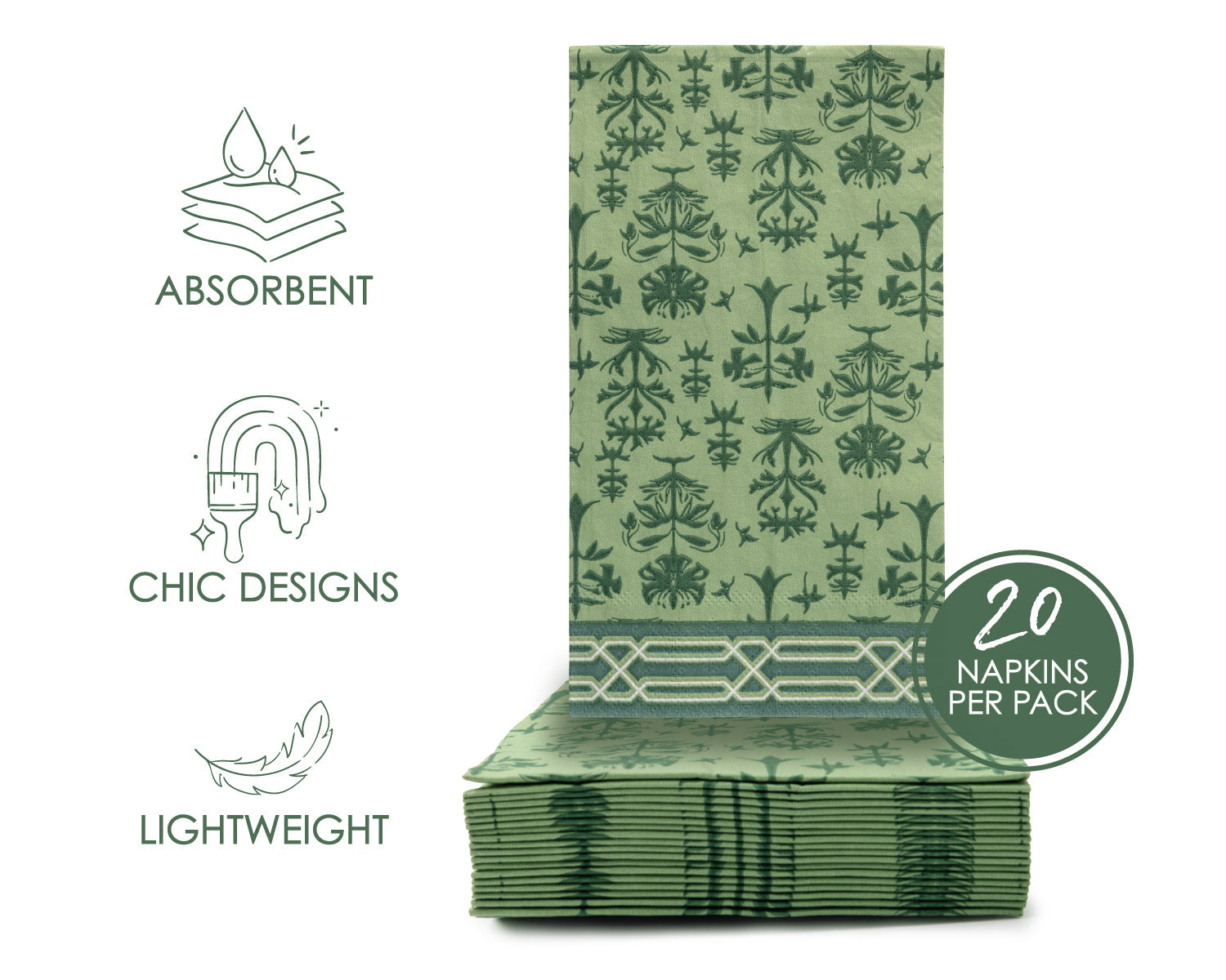 Guest towel paper napkins infographic showing features of the product, including absorbency, chic designs, lightweight material, and 20 napkins per pack. 