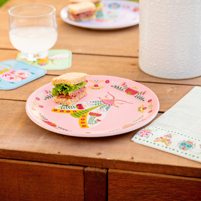 Melamine plates on a table. 