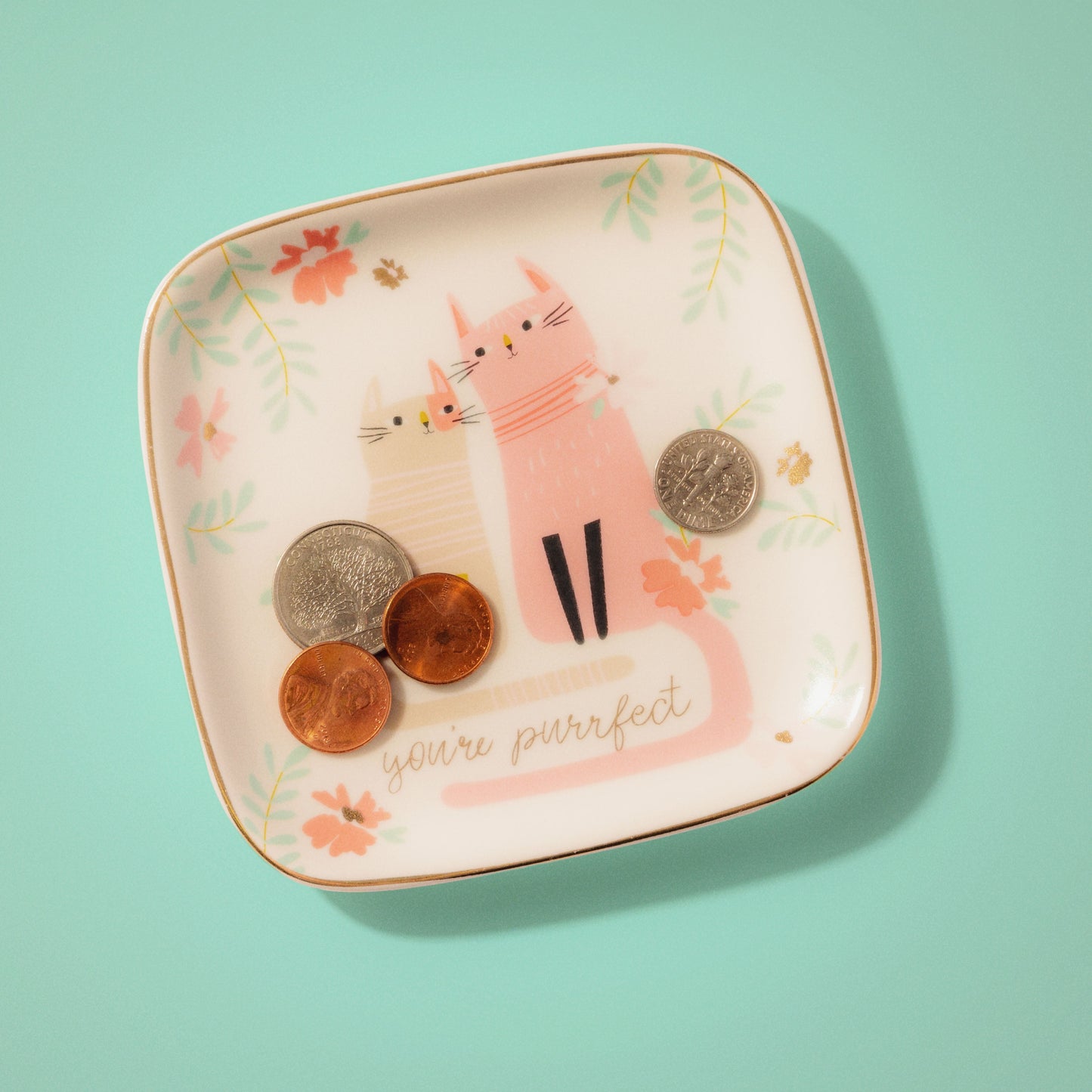 Cat Large Flora Square Trinket Tray on a blue background. 