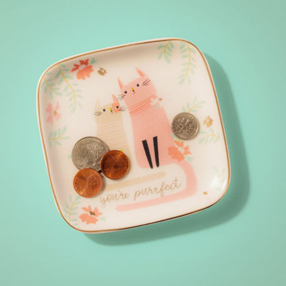 Cat Large Flora Square Trinket Tray on a blue background. 