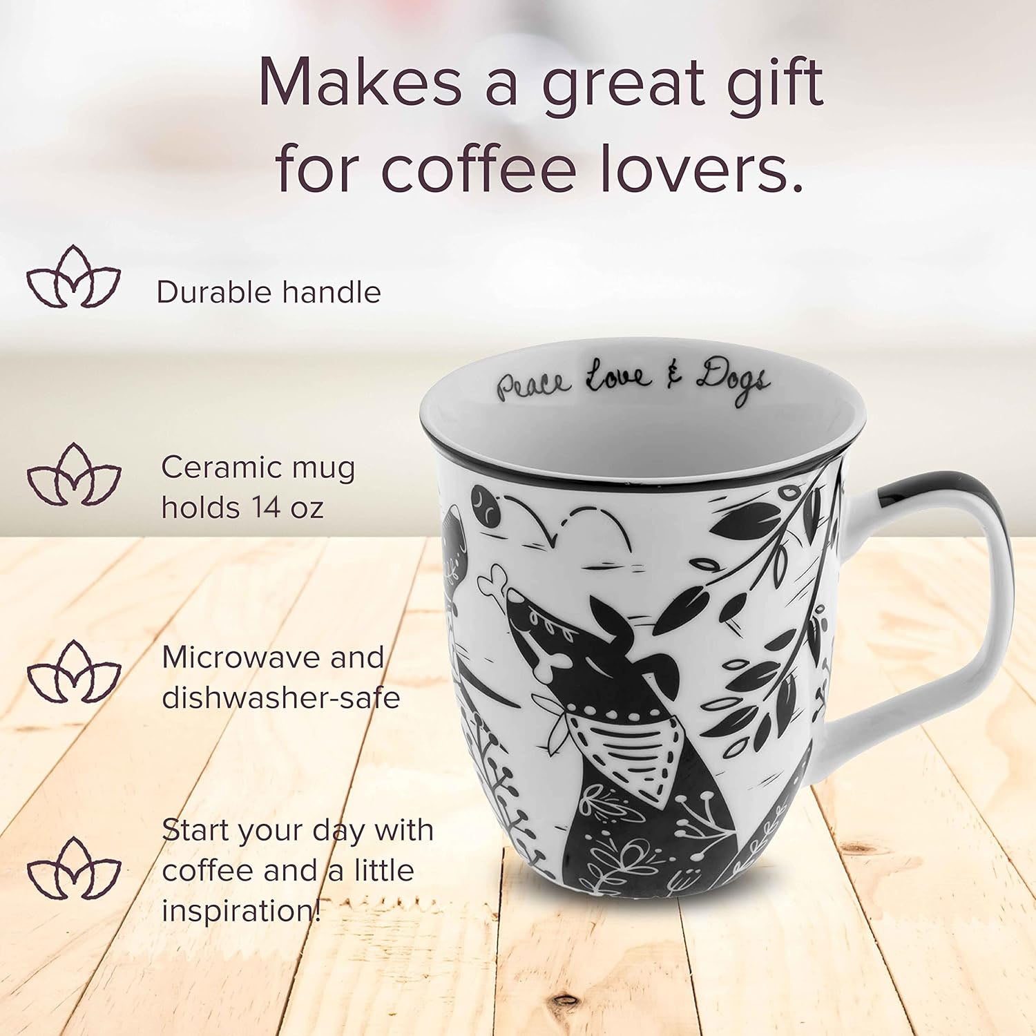 Boho mug infographic showing product features. 