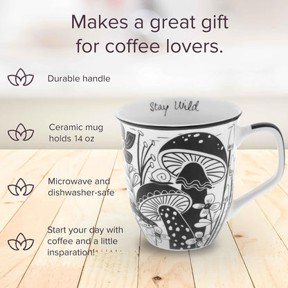 Boho mug infographic showing product features. 