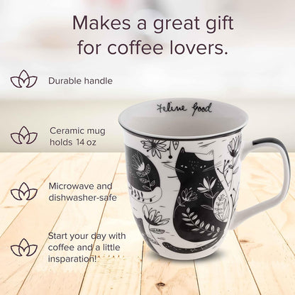 Boho mug infographic showing product features. 