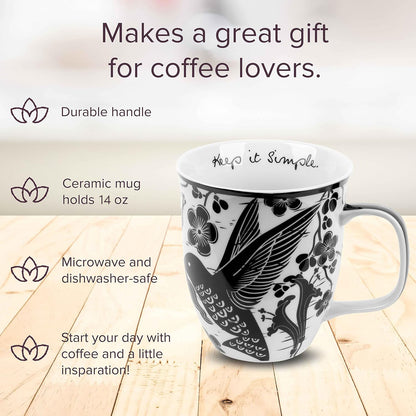 Boho mugs infographic showing product features. 
