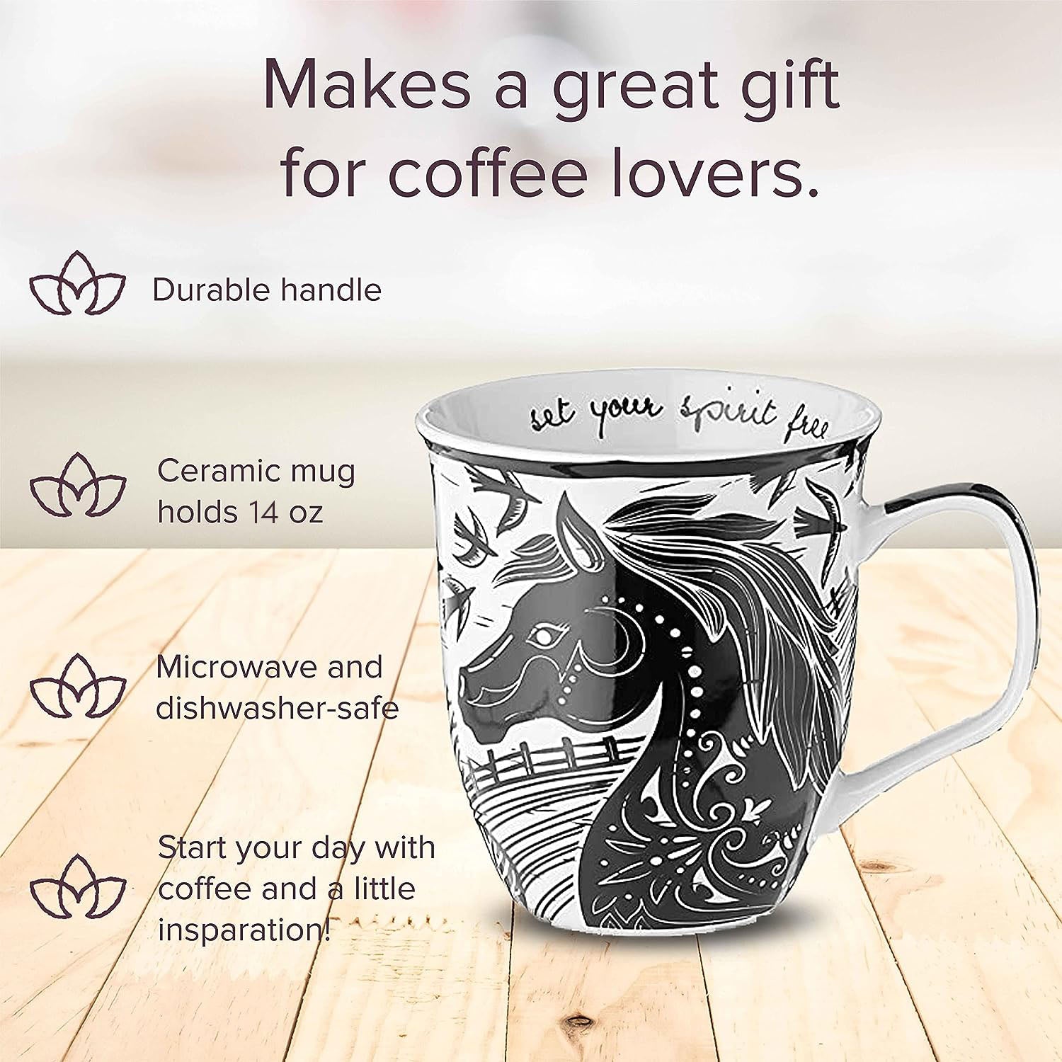 Boho mug infographic showing product features. 