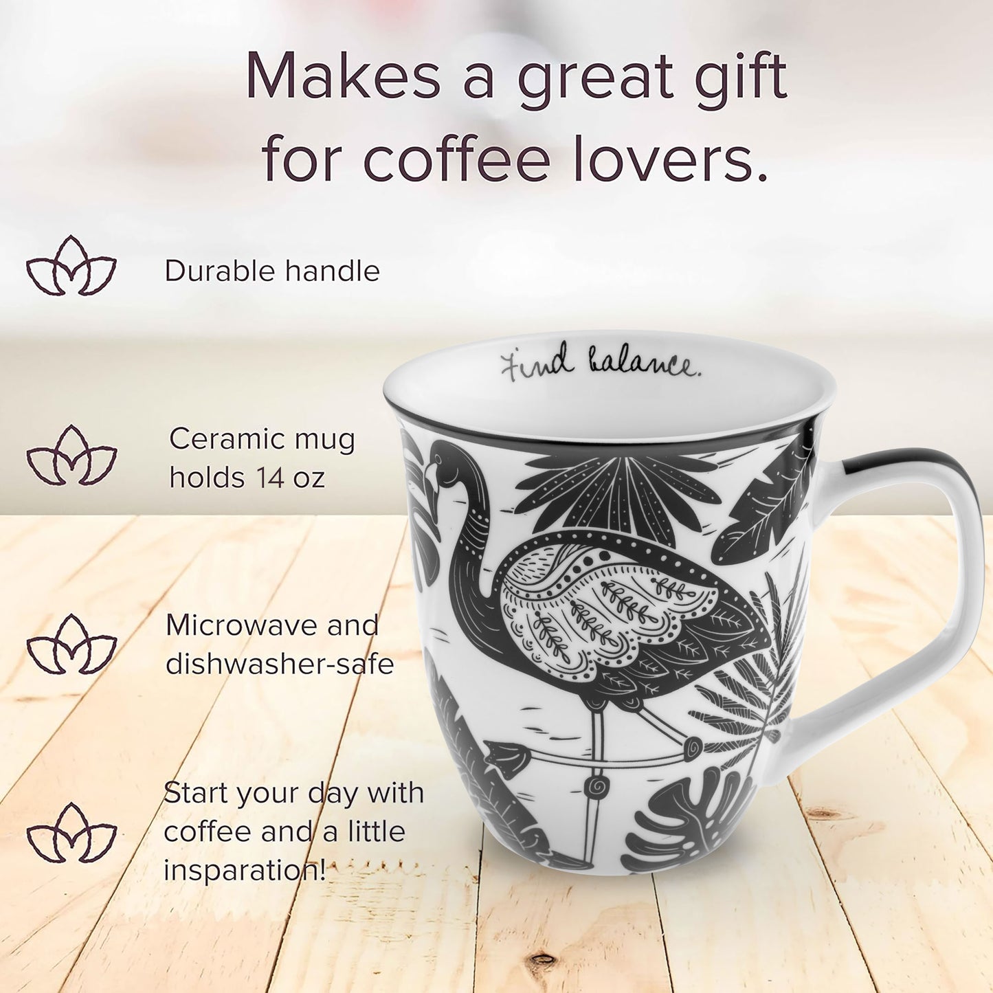 Boho mug infographic showing product features. 
