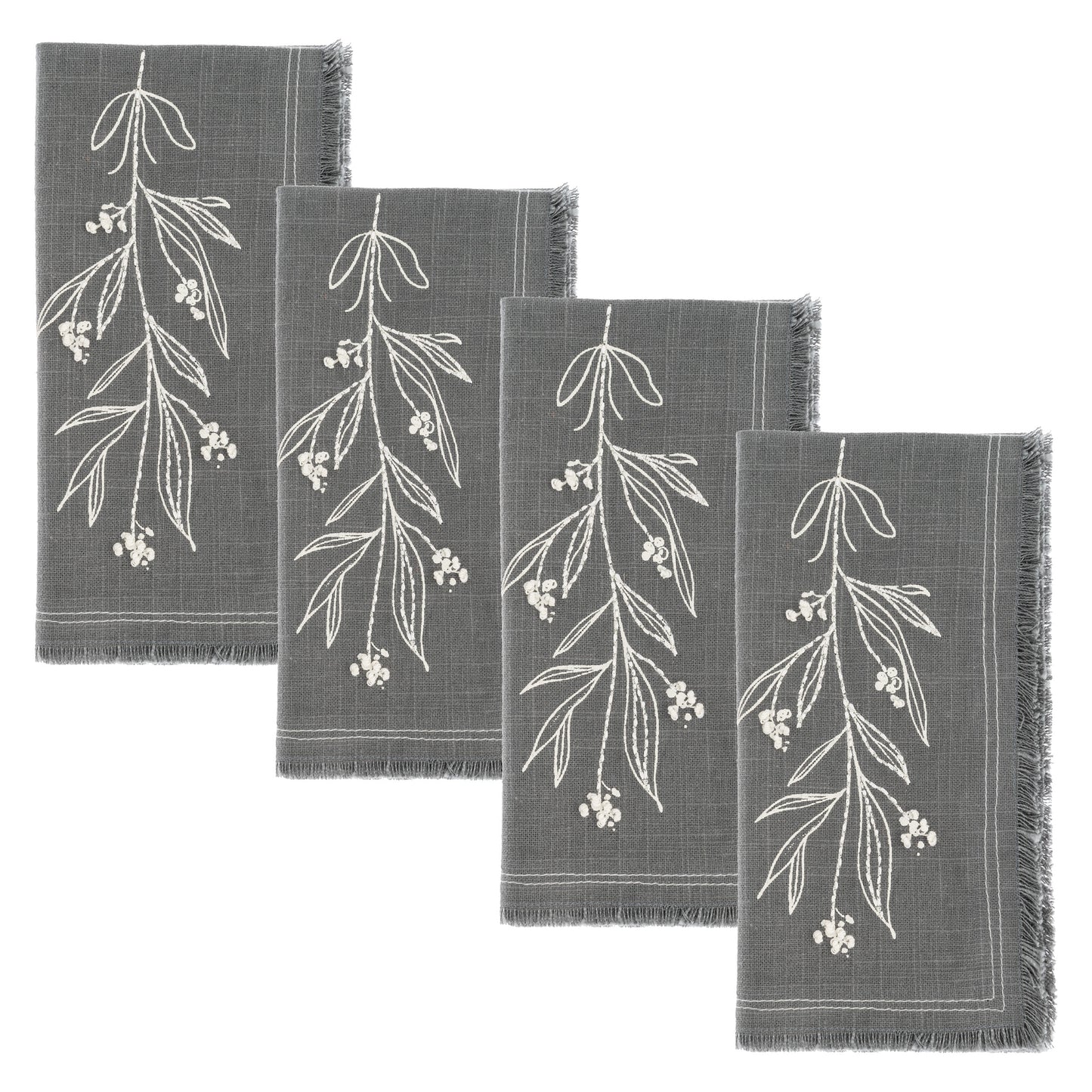 Mistletoe Embroidered Cotton Dinner Napkins set of four view. 