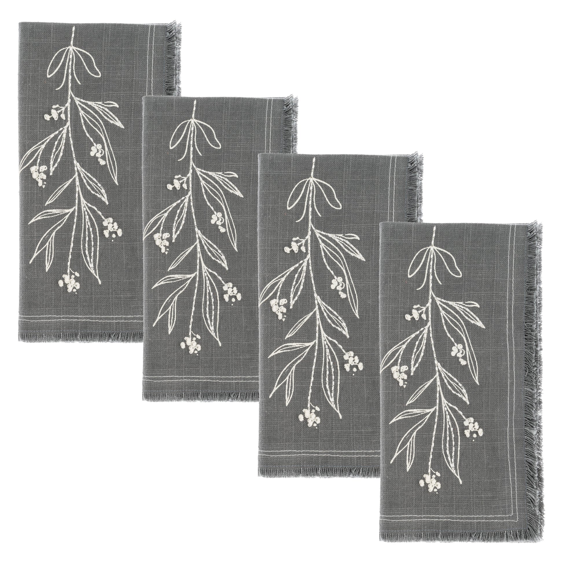 Mistletoe Embroidered Cotton Dinner Napkins set of four view. 