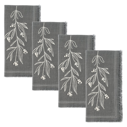 Mistletoe Embroidered Cotton Dinner Napkins set of four view. 