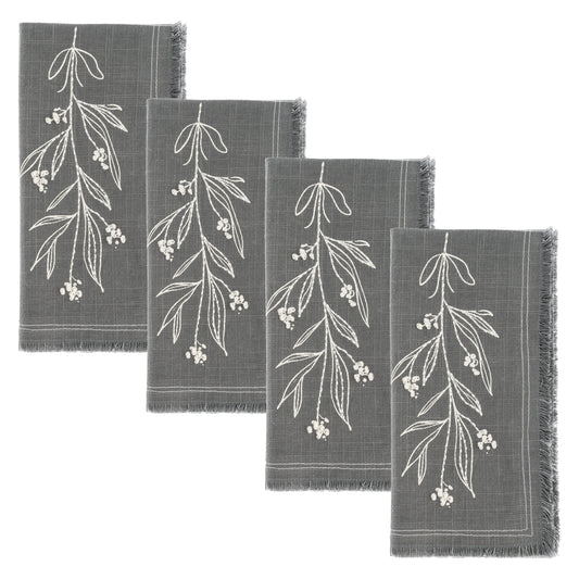 Mistletoe Embroidered Cotton Dinner Napkins set of four view. 