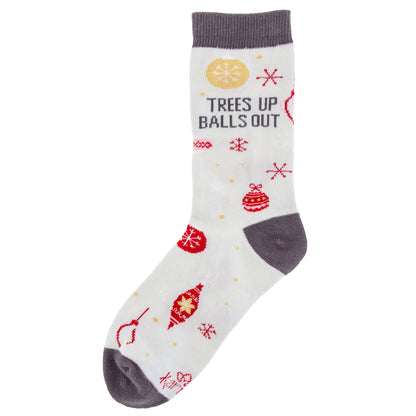 Trees Up Holiday Socks side with saying view. 
