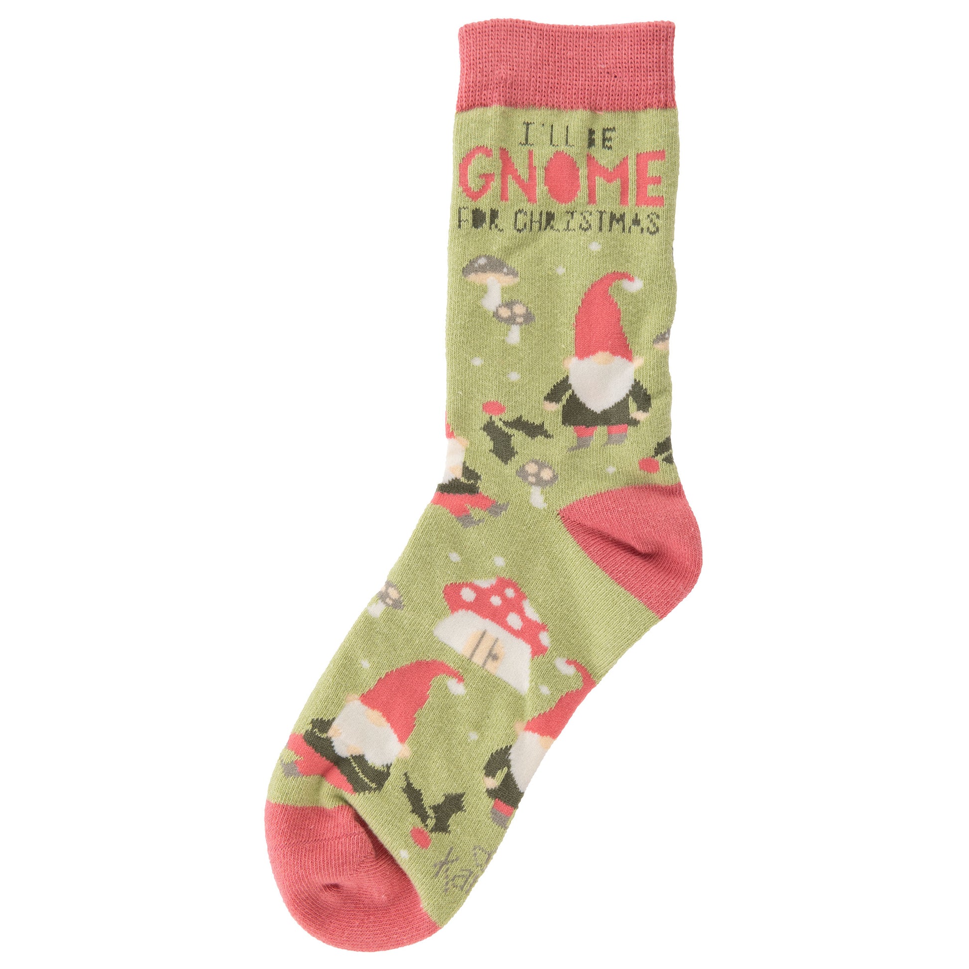 Gnome Holiday Socks side with saying view. 