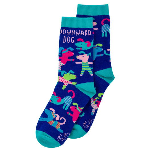 Blue downward dog crew socks view of both sides. 