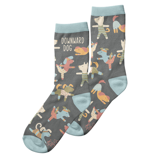 Gray downward dog crew socks view of both sides. 