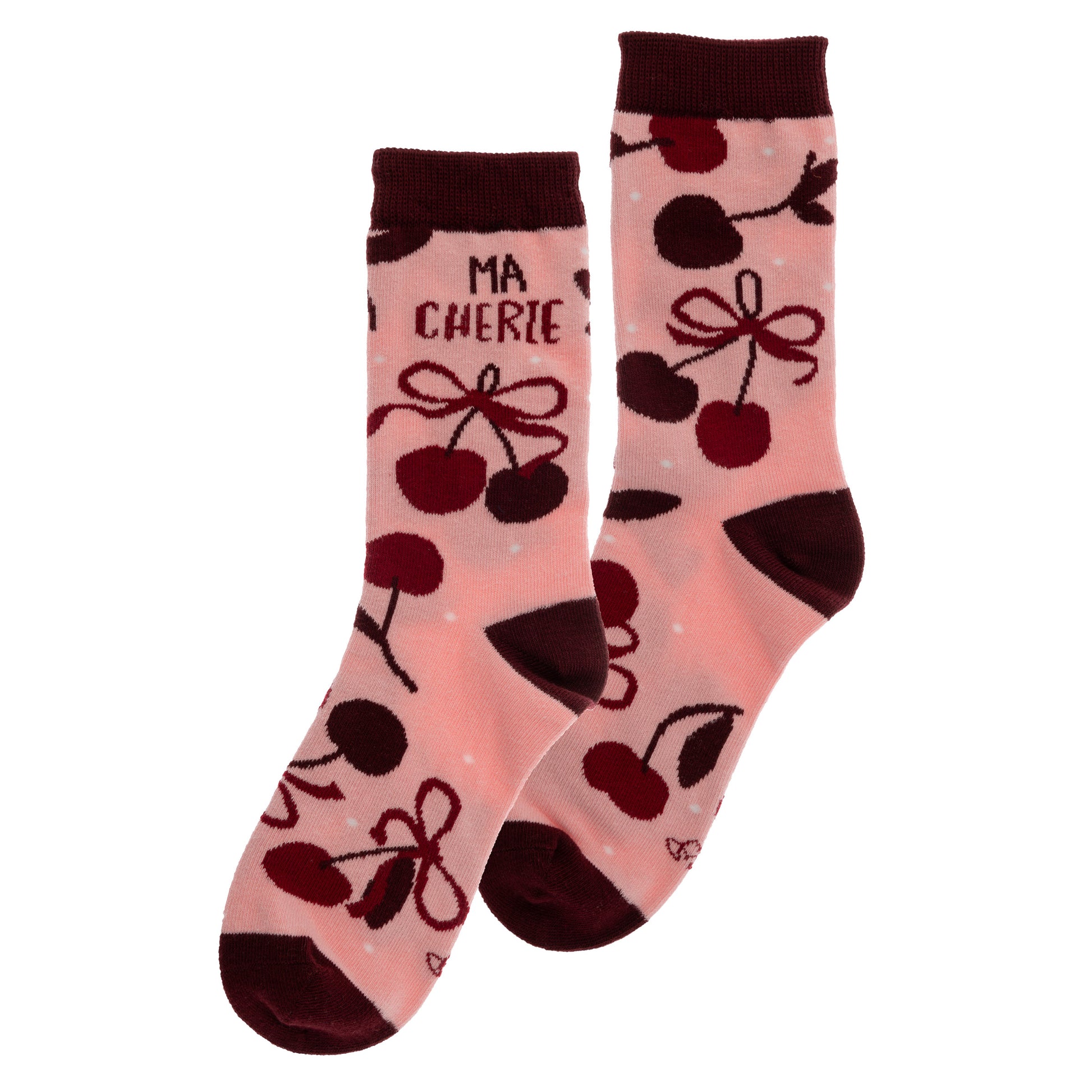Cherries crew socks view of both sides. 