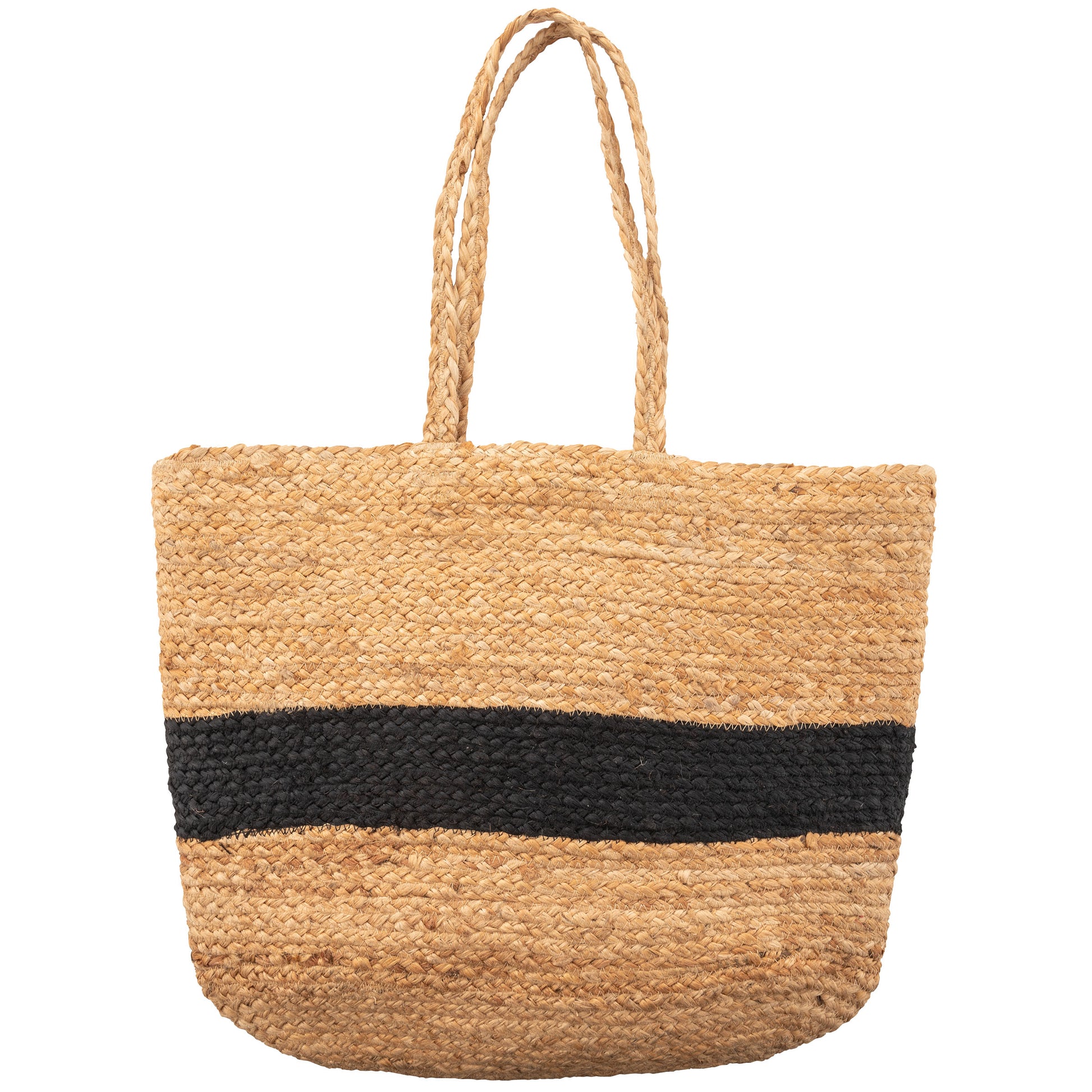 Black Stripe Jute Beach Bag back view. 