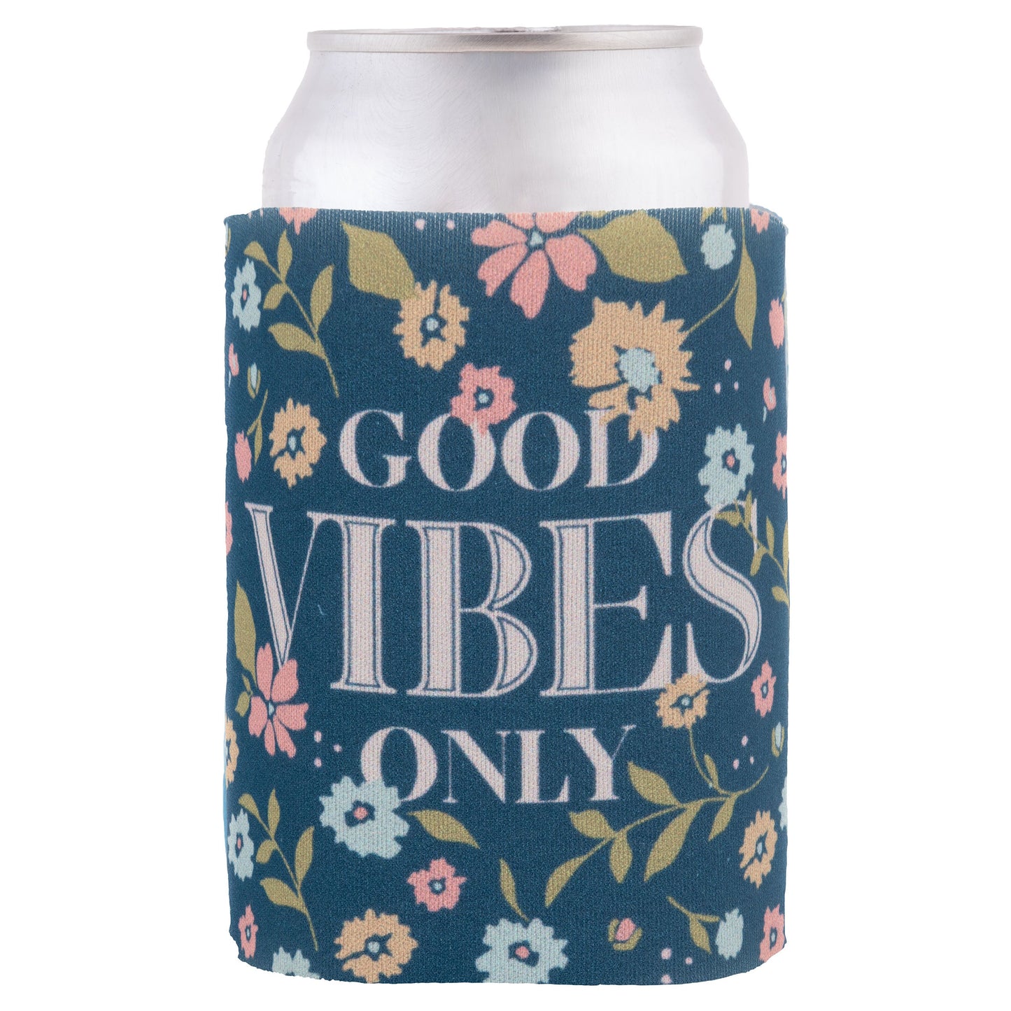 Good Vibes Can Cooler with can. 