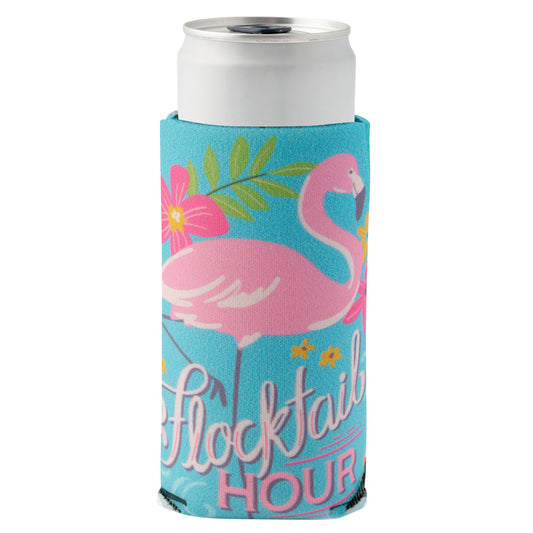 Pink Flamingo Slim Can Cooler with can. 
