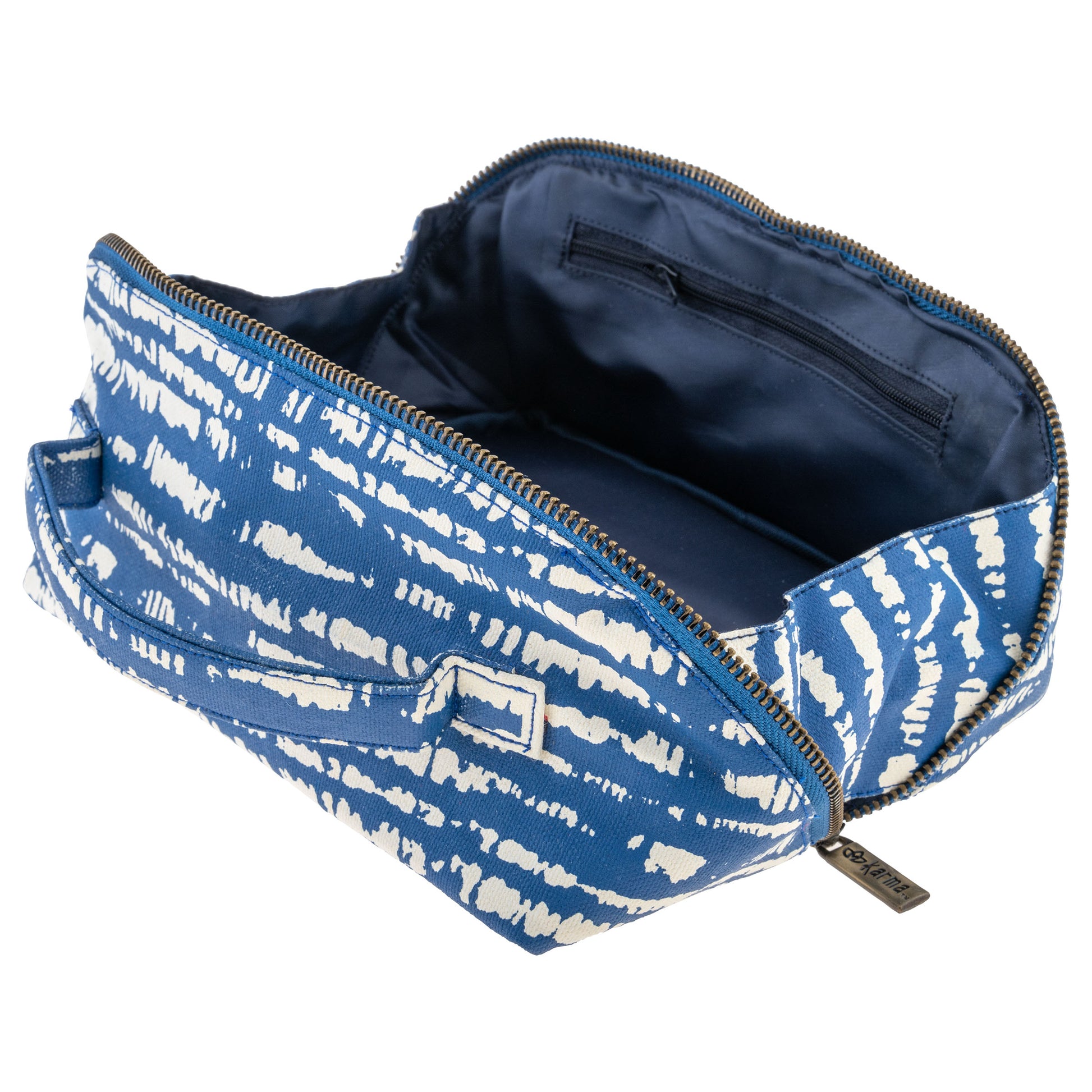 Blue Shibori Zip Cosmetic Bag open view. 