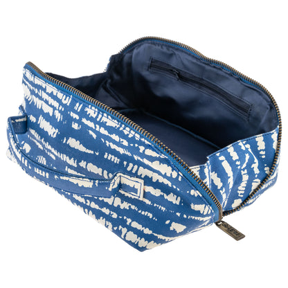 Blue Shibori Zip Cosmetic Bag open view. 