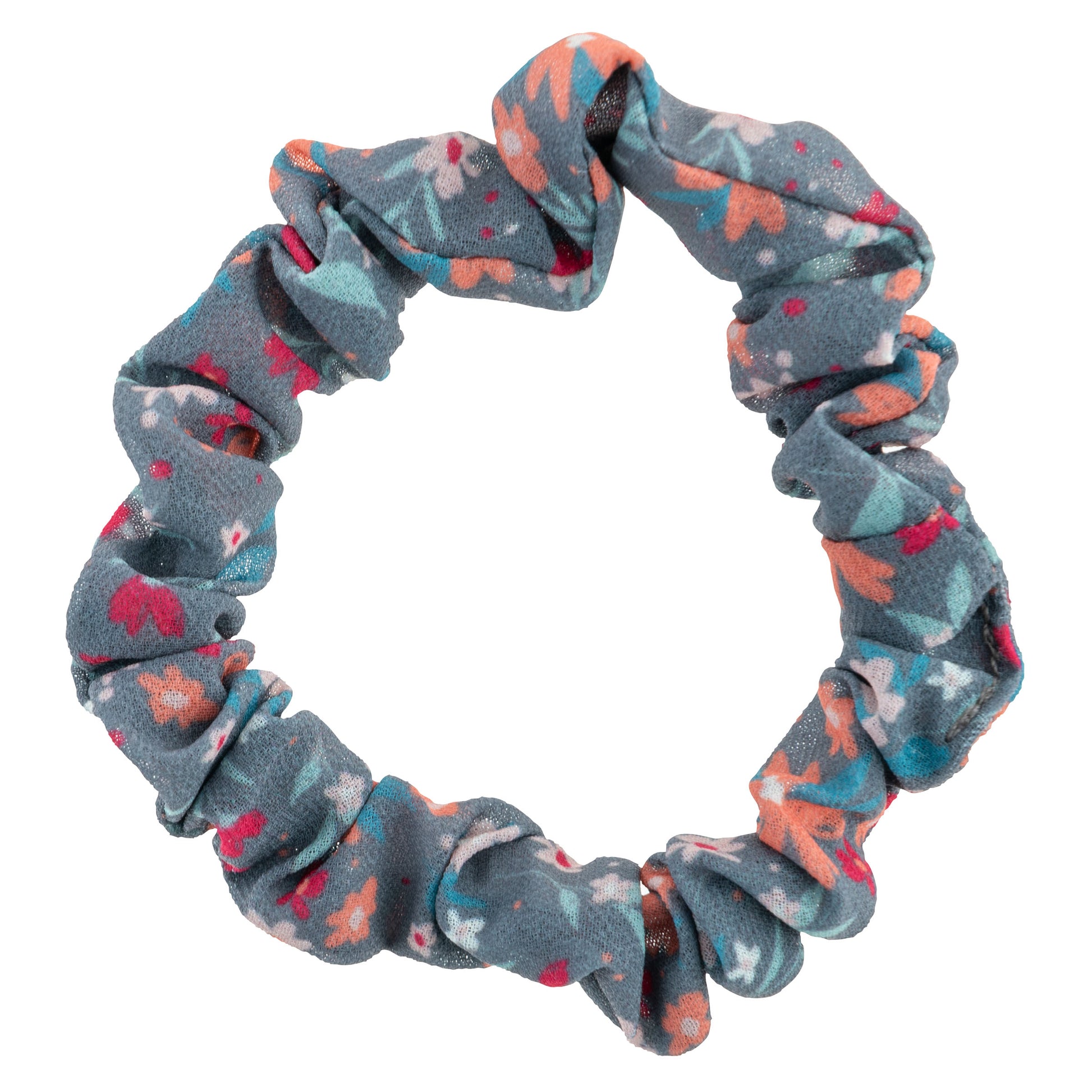 Wildflower Slim Scrunchies blue and pink floral view. 