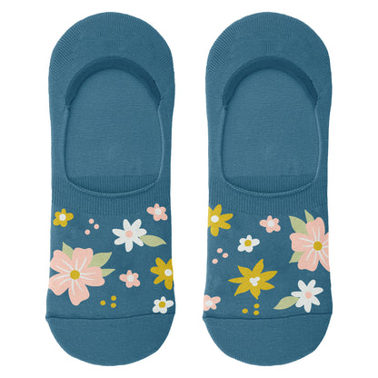 Turtle No Show Socks blue floral sock view. 