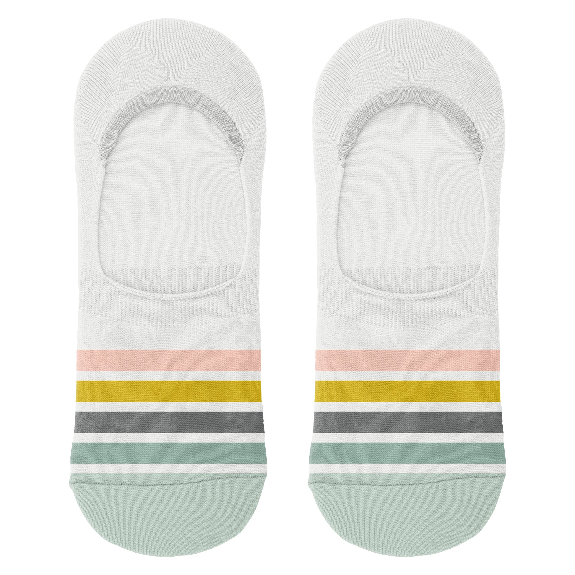 Camper No Show Socks white, pink, yellow and green stripes socks view. 