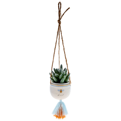 Bee Kind Hanging Succulent Pot hanging view. 