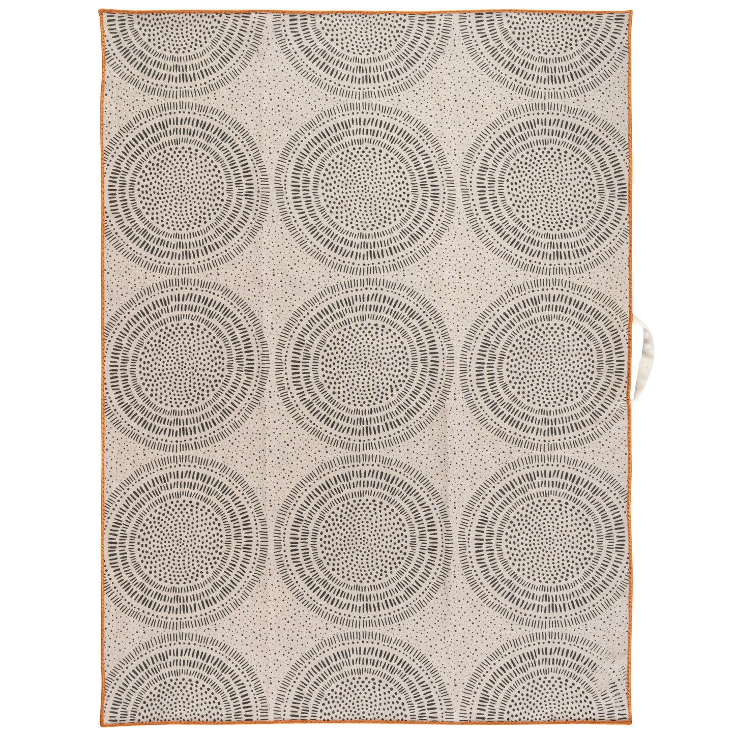 Painted Circles Linen Blend Tea Towel unfolded view. 