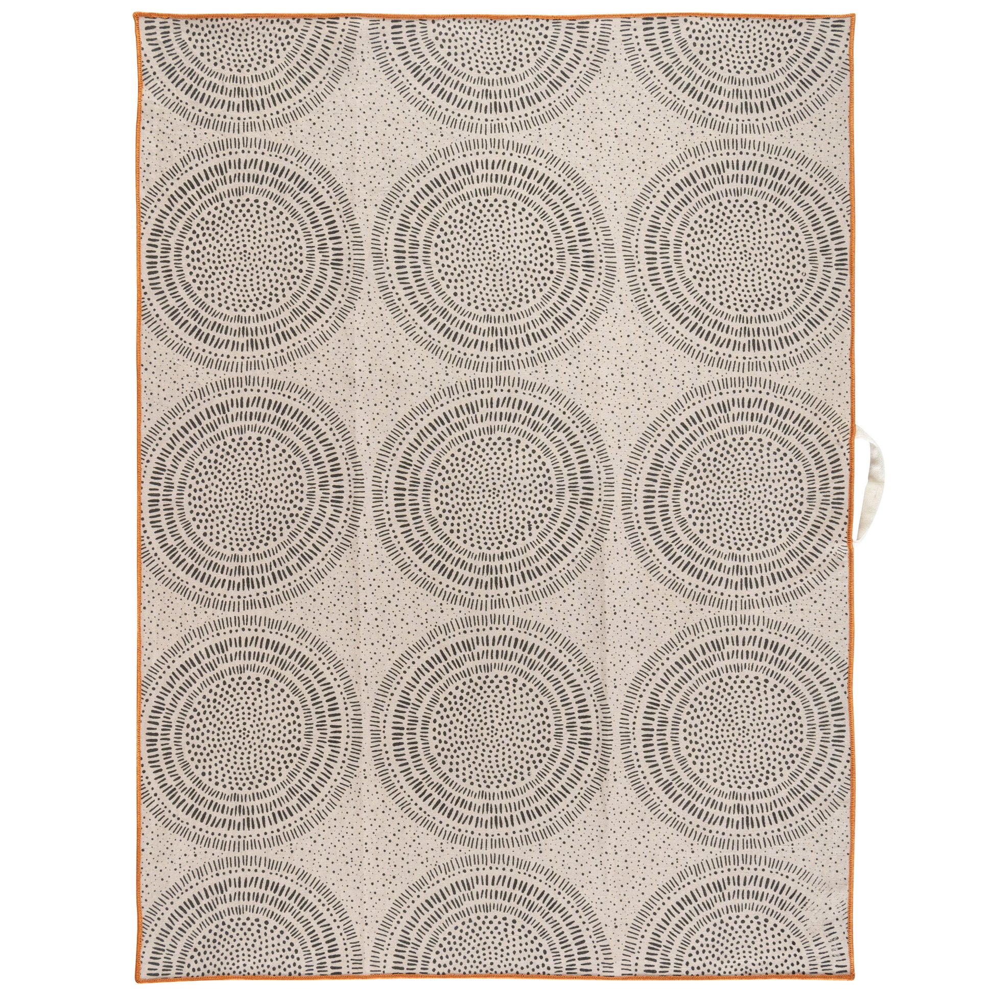 Painted Circles Linen Blend Tea Towel unfolded view. 