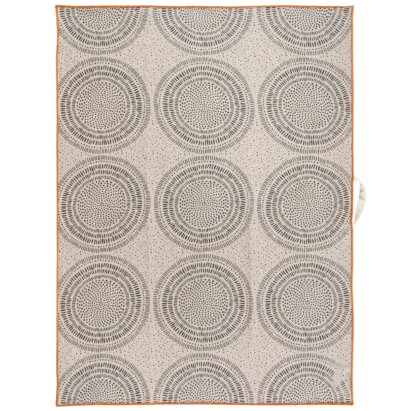 Painted Circles Linen Blend Tea Towel unfolded view. 