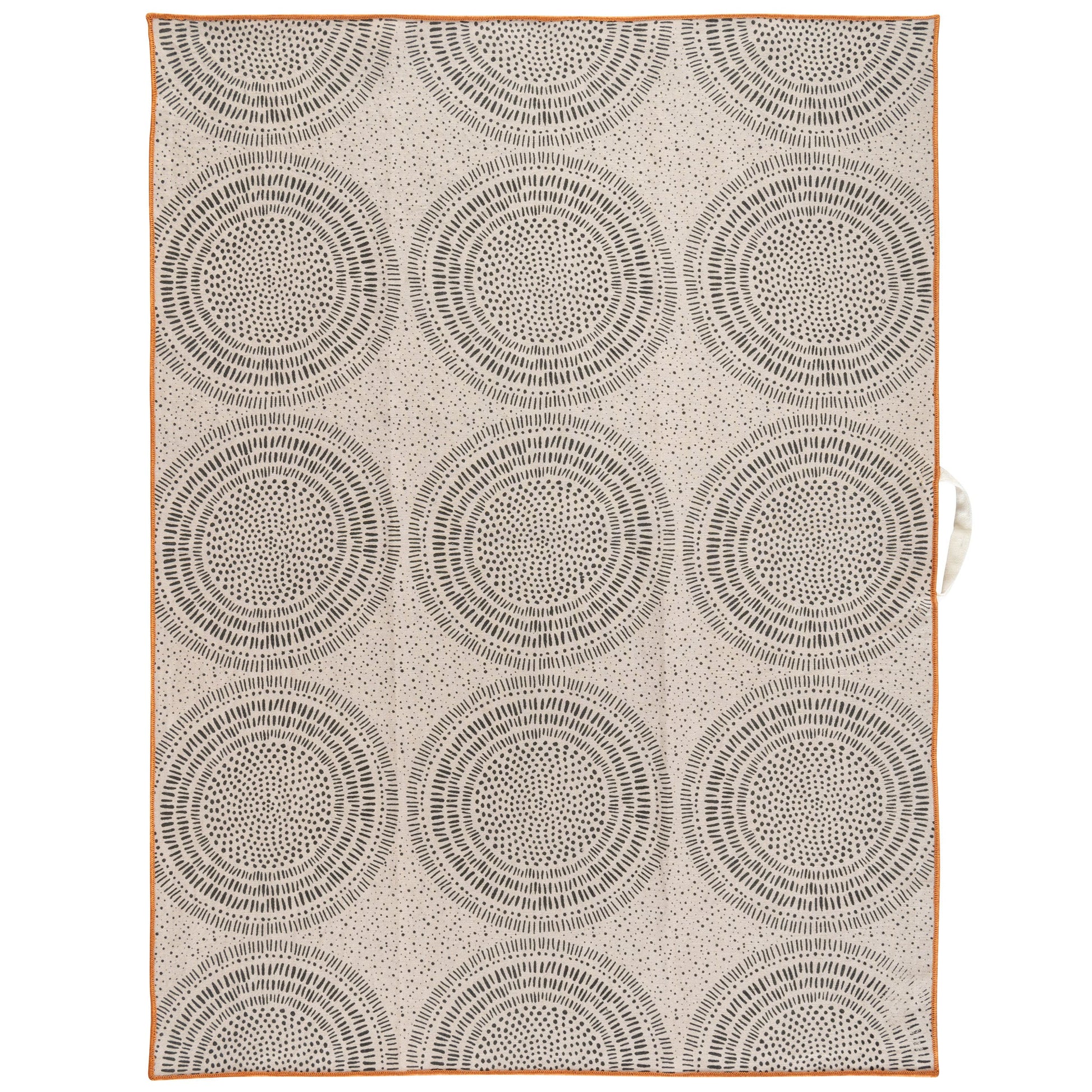 Painted Circles Linen Blend Tea Towel unfolded view. 