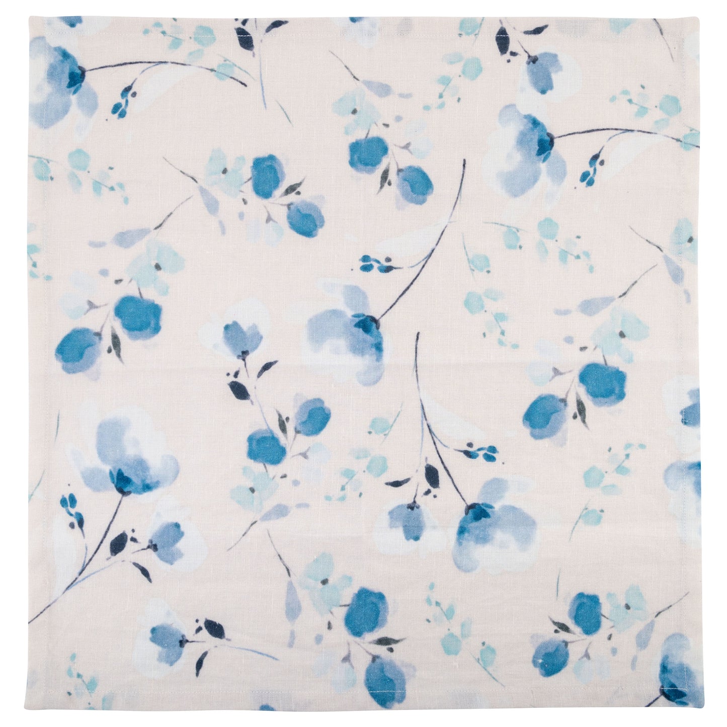 Blue Floral Linen Blend Dinner Napkins unfolded view. 