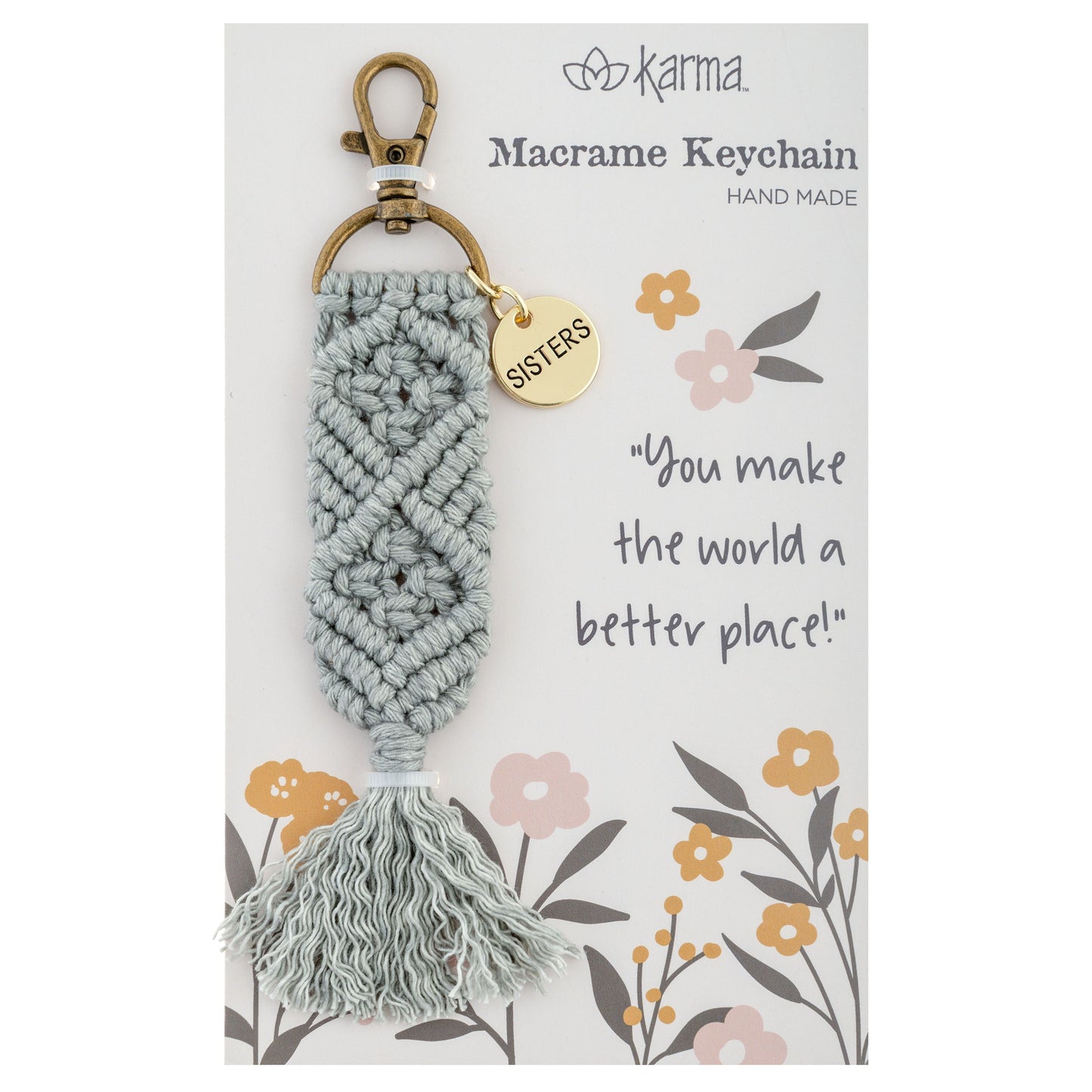 Sisters Macrame Keychain packaging view. 