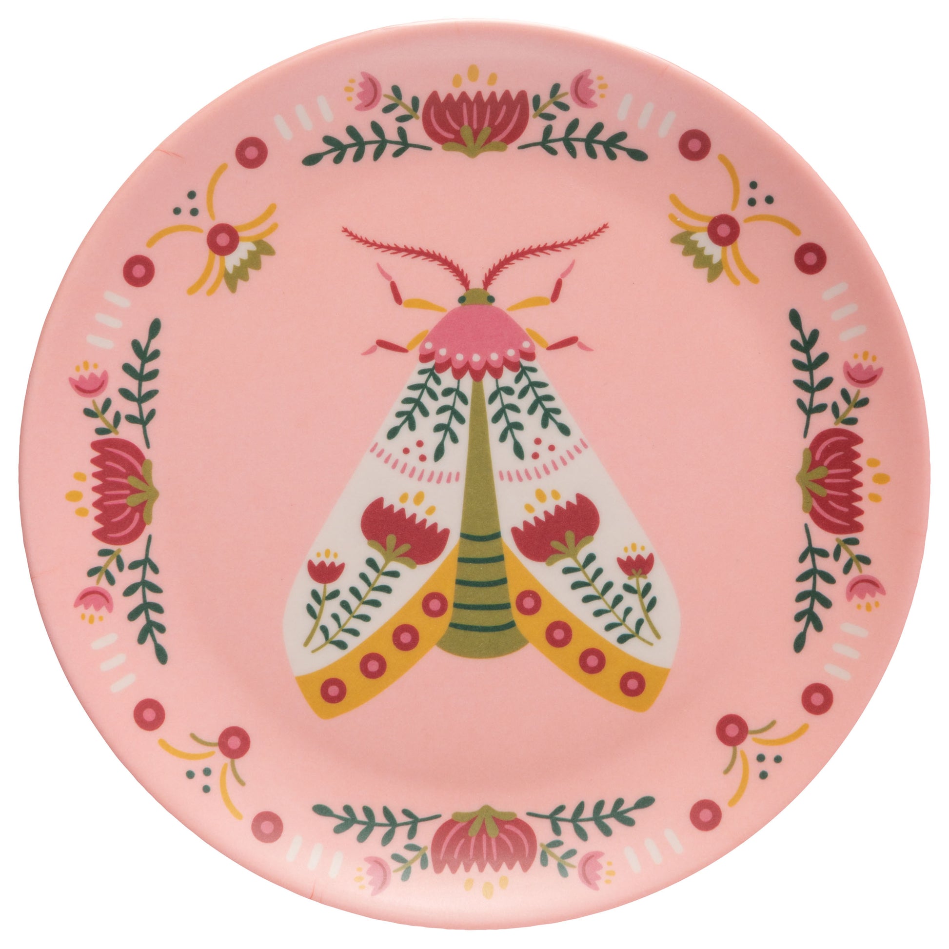 Bugs Melamine Plates pink design view. 