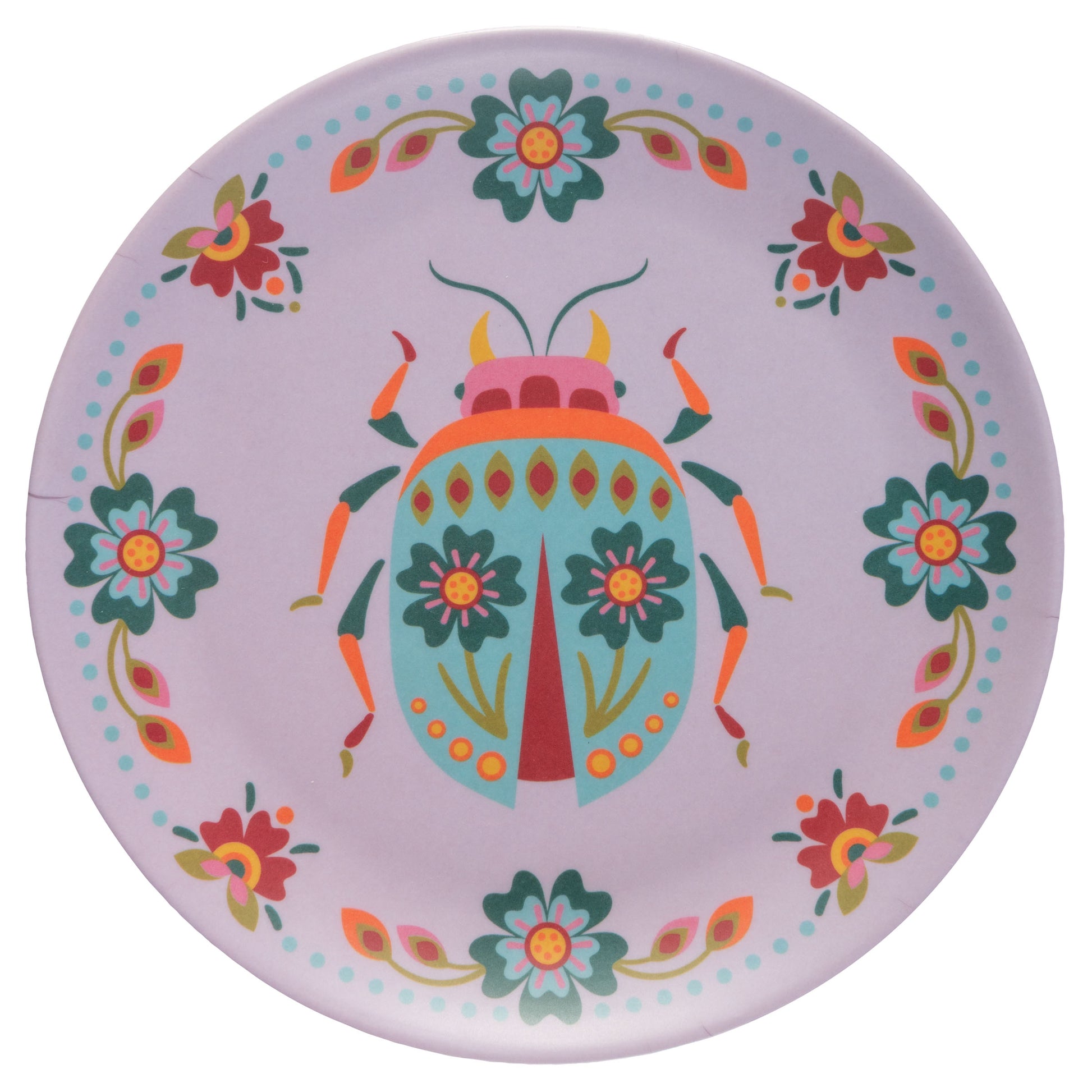Bugs Melamine Plates purple design view. 