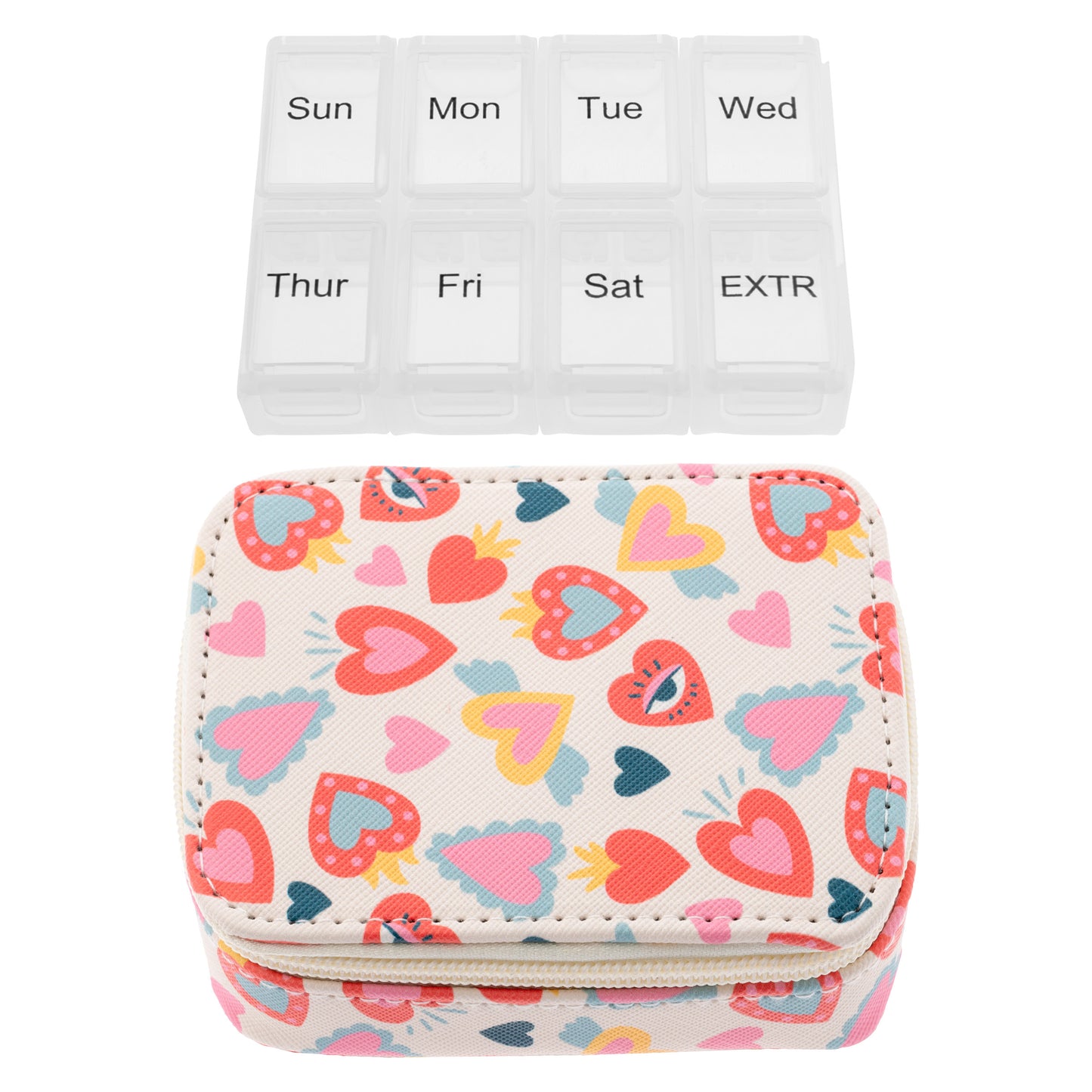 Heart Travel Pill Case pill box and case separated view. 