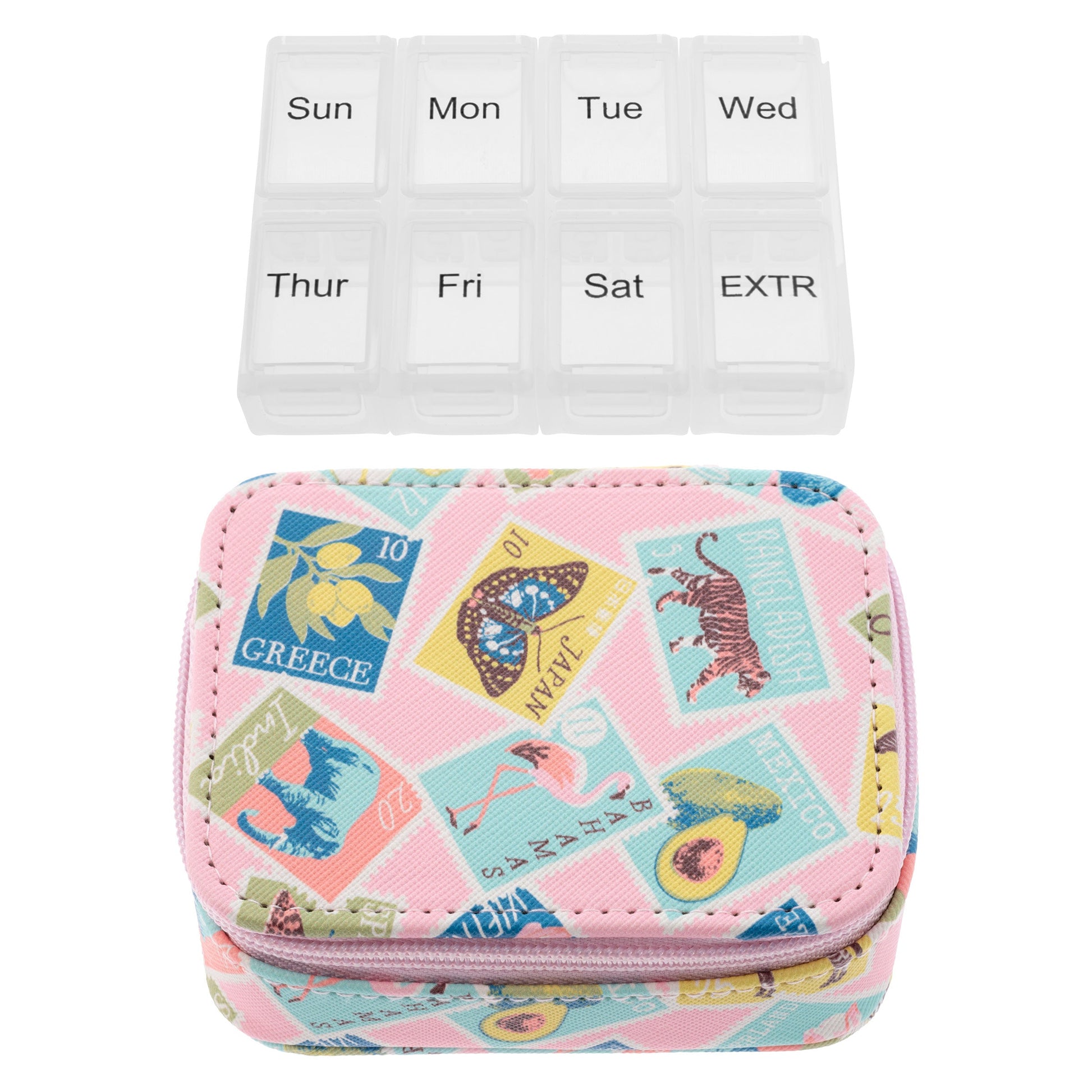Stamps Travel Pill Case pill box and case separated view. 