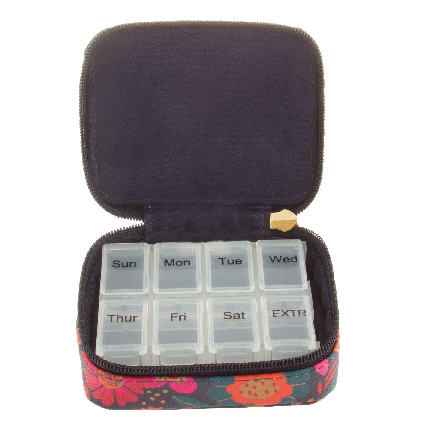 Retro floral pill case open with pill box inside view. 