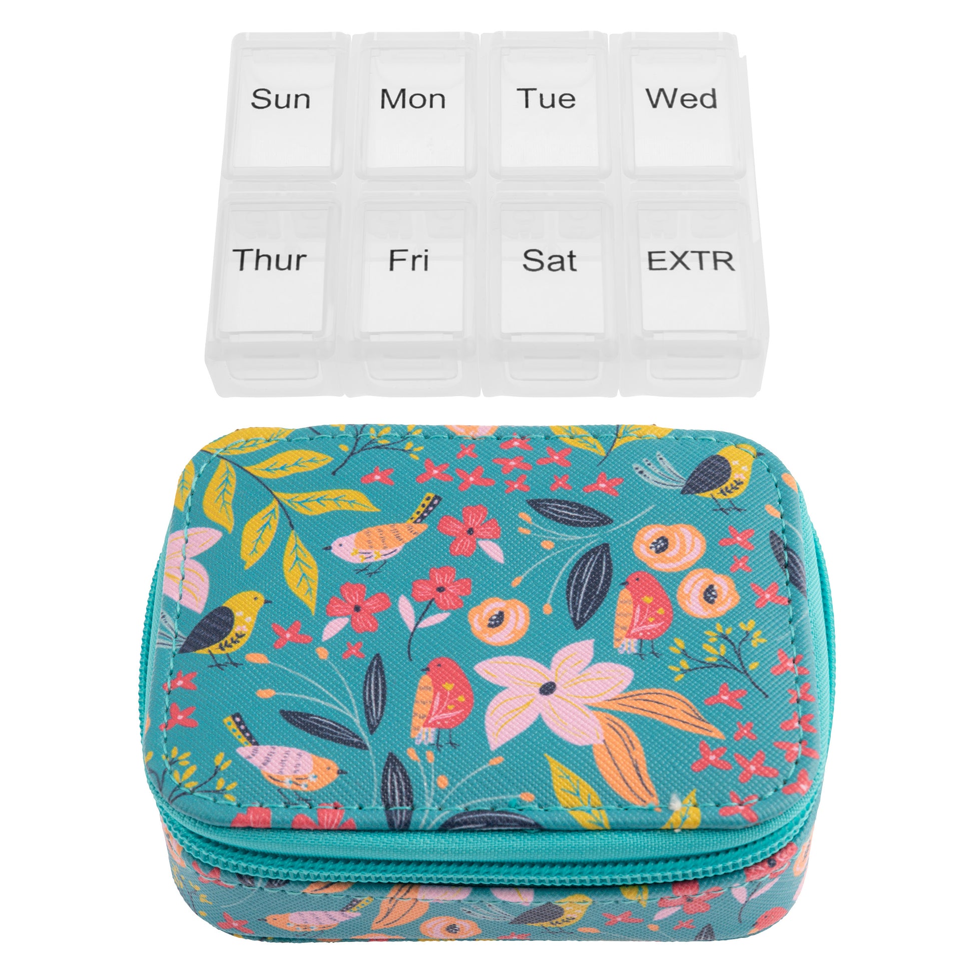 Bird Travel Pill Case pill box and case separated view. 