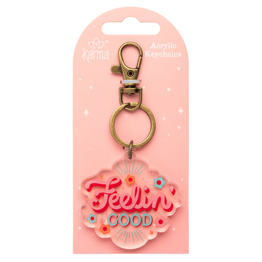 Feelin Good Acrylic Keychain packaged view. 