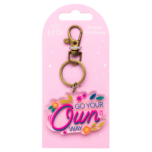 Go Your Own Way Acrylic Keychain packaged view. 