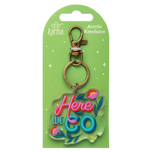 Here We Go Acrylic Keychain packaged view. 