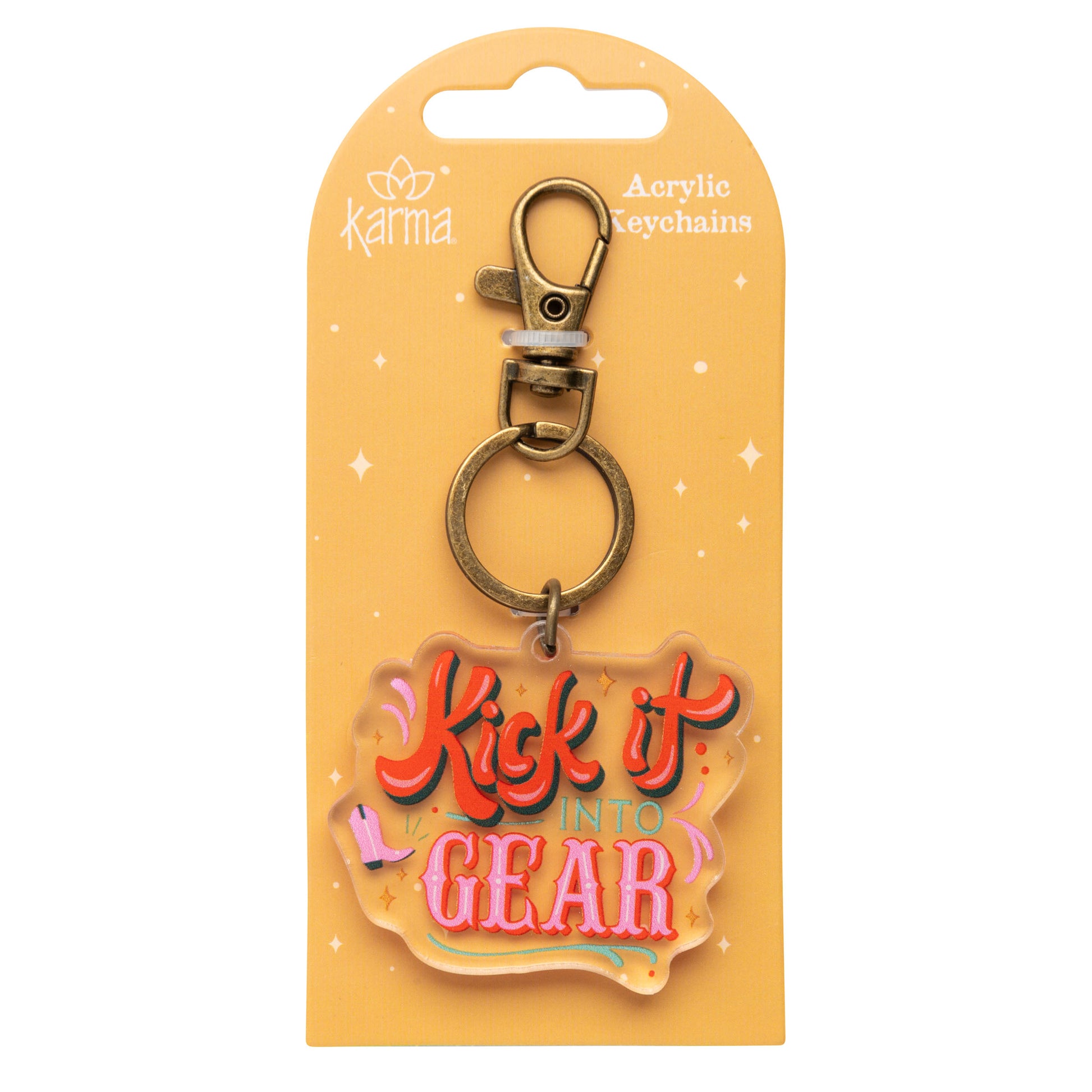 Kick It Acrylic Keychain packaged view. 