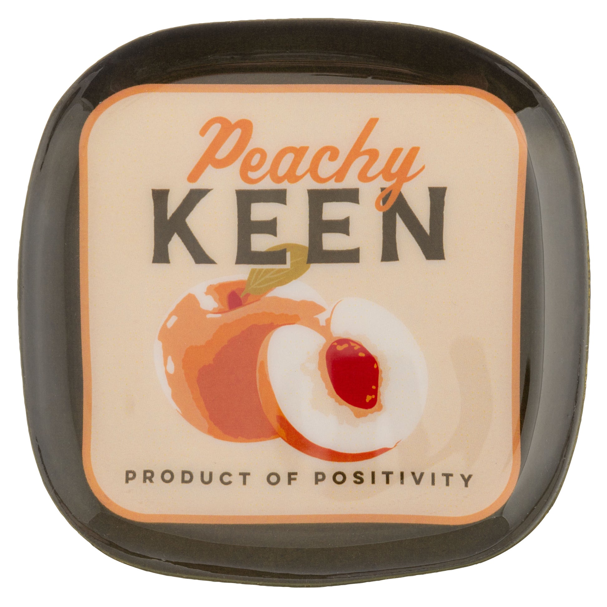 Peach small square enamel tray front view. 