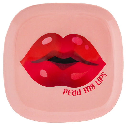 Lips small square enamel tray front view. 