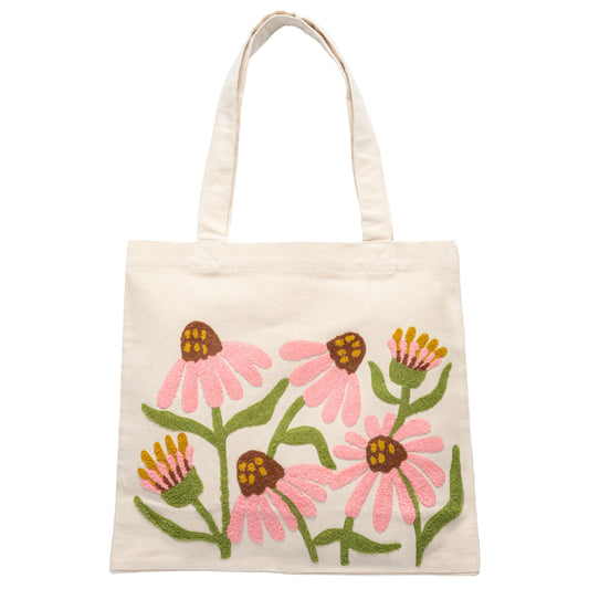 Coneflowers Embroidered Canvas Tote
