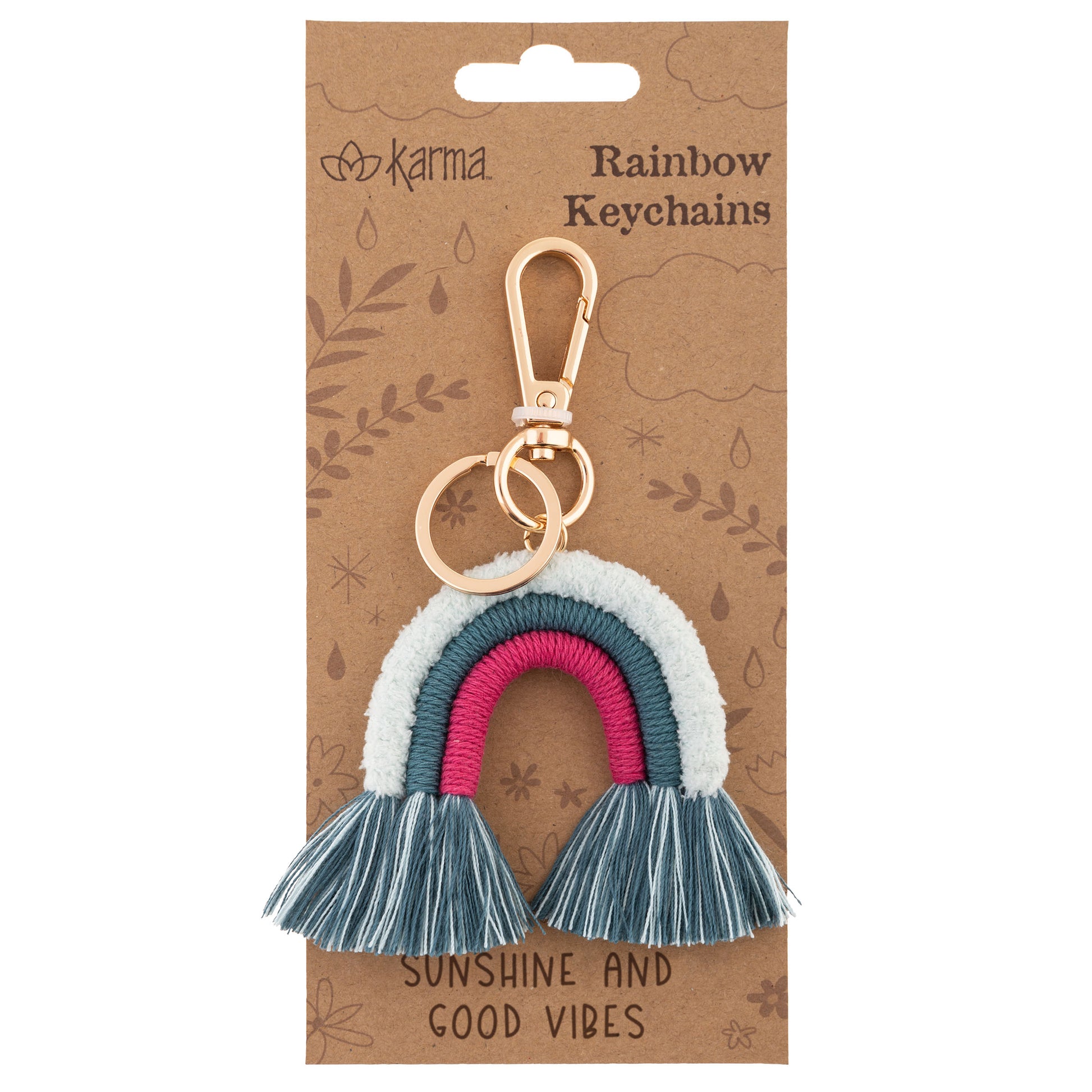 Good Vibes Rainbow Keychain packaging view. 