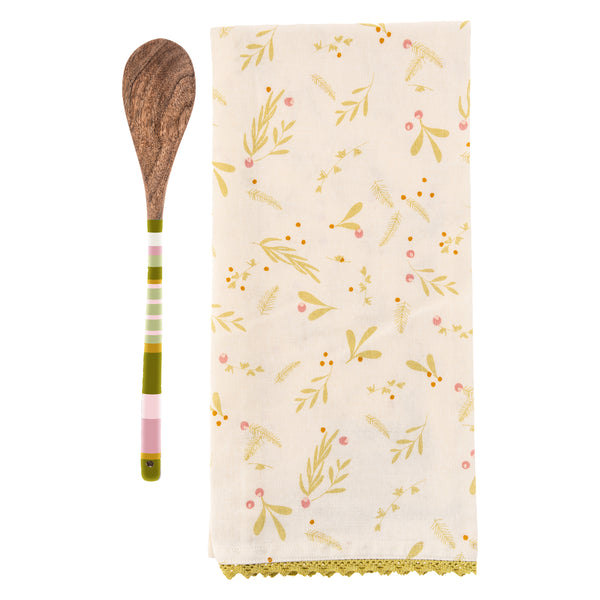 Green twig holiday tea towel with wooden spoon