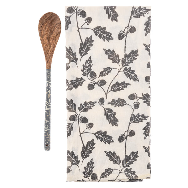 Gray acorns holiday tea towel with wooden spoon